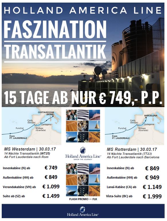 Transatlantik mit Holland America Line 14 Tage ab 749,-&nbsp;€
