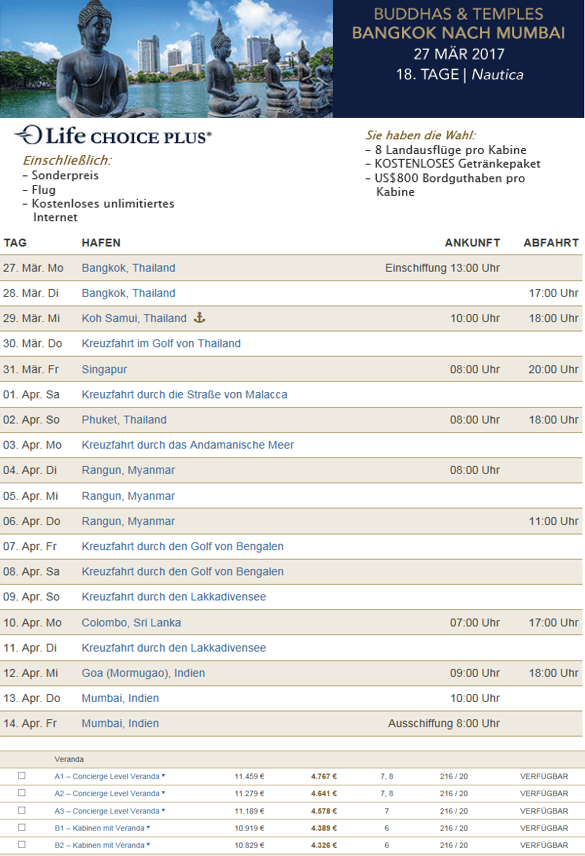Oceania Cruises über 50% sparen – März 2017 Bangkok –&nbsp;Mumbai