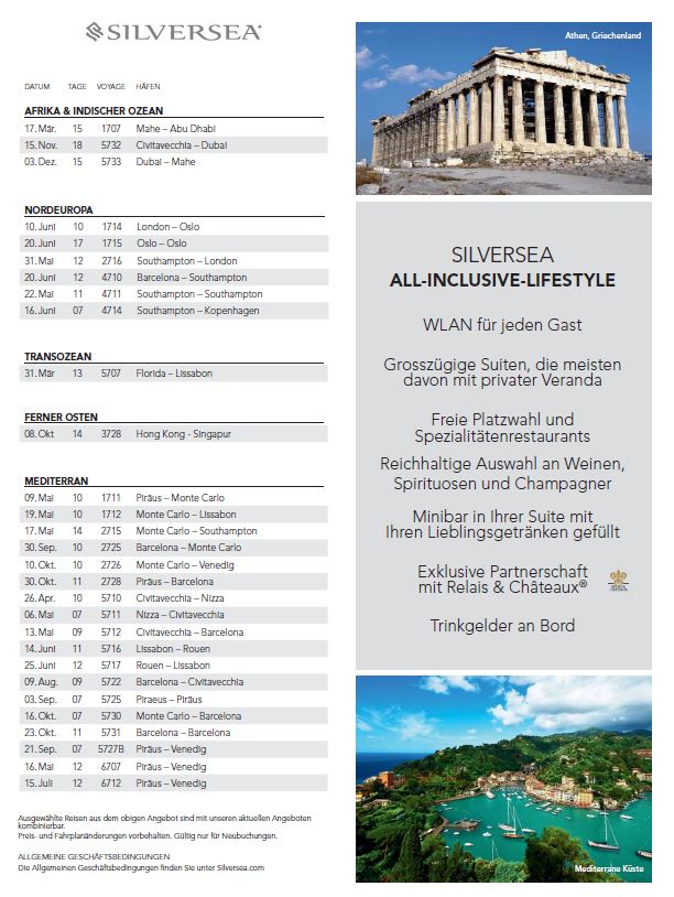 Silversea Single Reisen 2017 & 2017 nur 25%&nbsp;Zuschlag