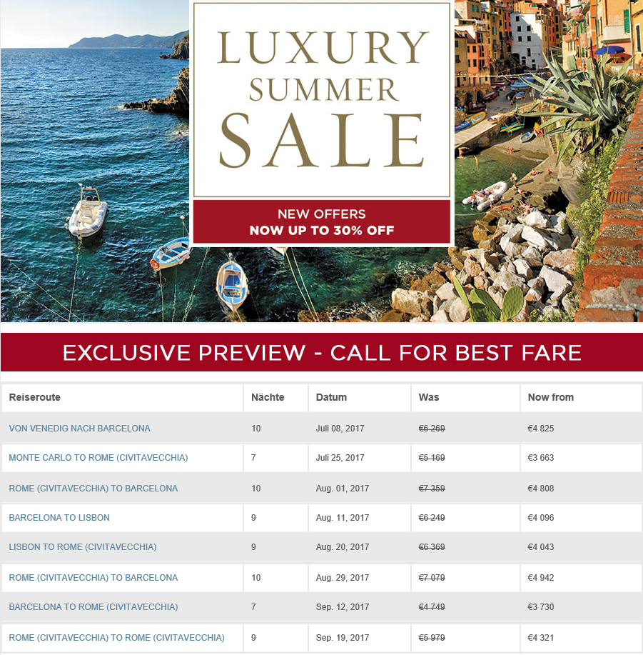 30% Summer sale Rabatt auf Mittelmeer Reisen&nbsp;2017