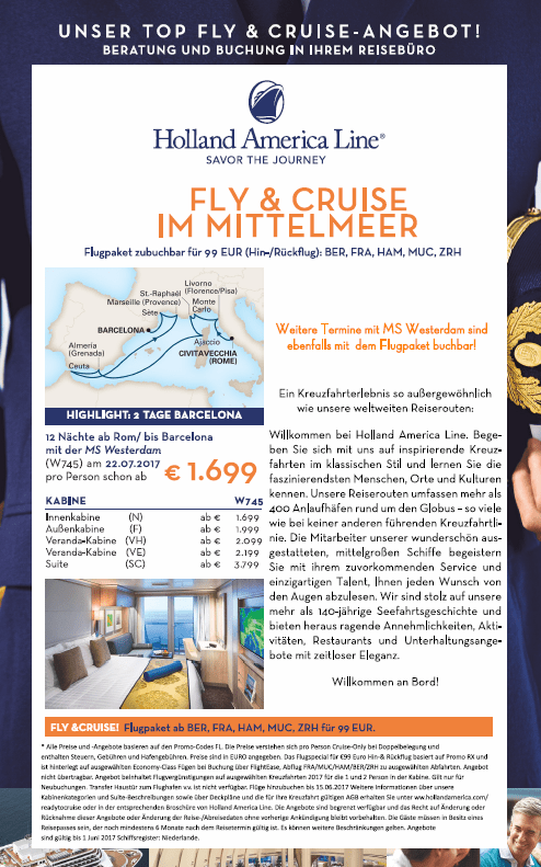 99,- € Flüge zu Holland America Kreuzfahrten im Mittelmeer Sommer&nbsp;2017